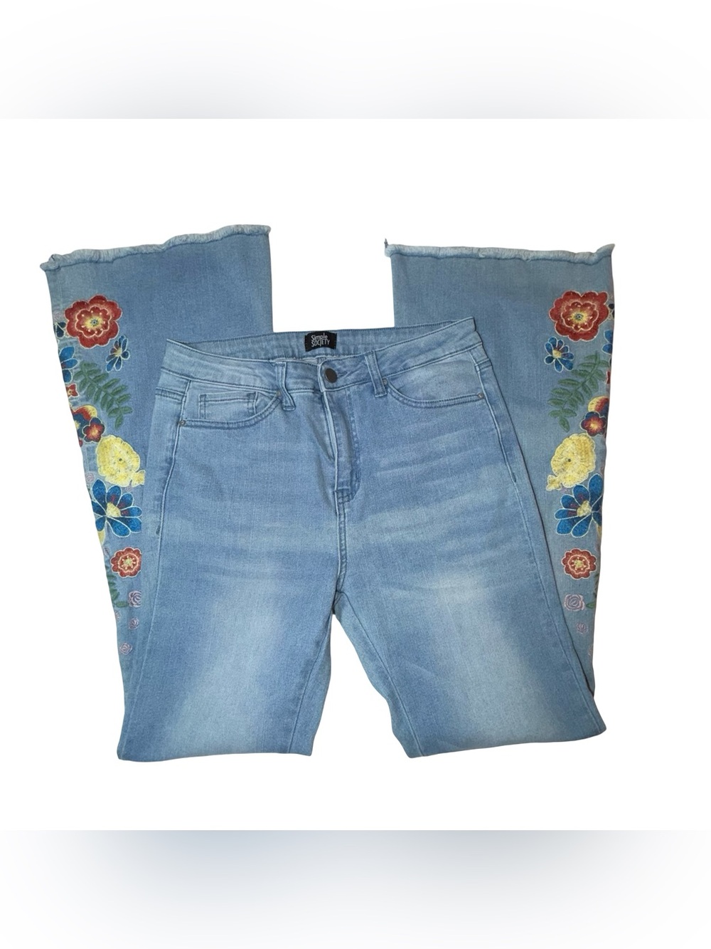 Simple Socity Light Blue Embroidered Wide-Leg Jeans with Floral Trim